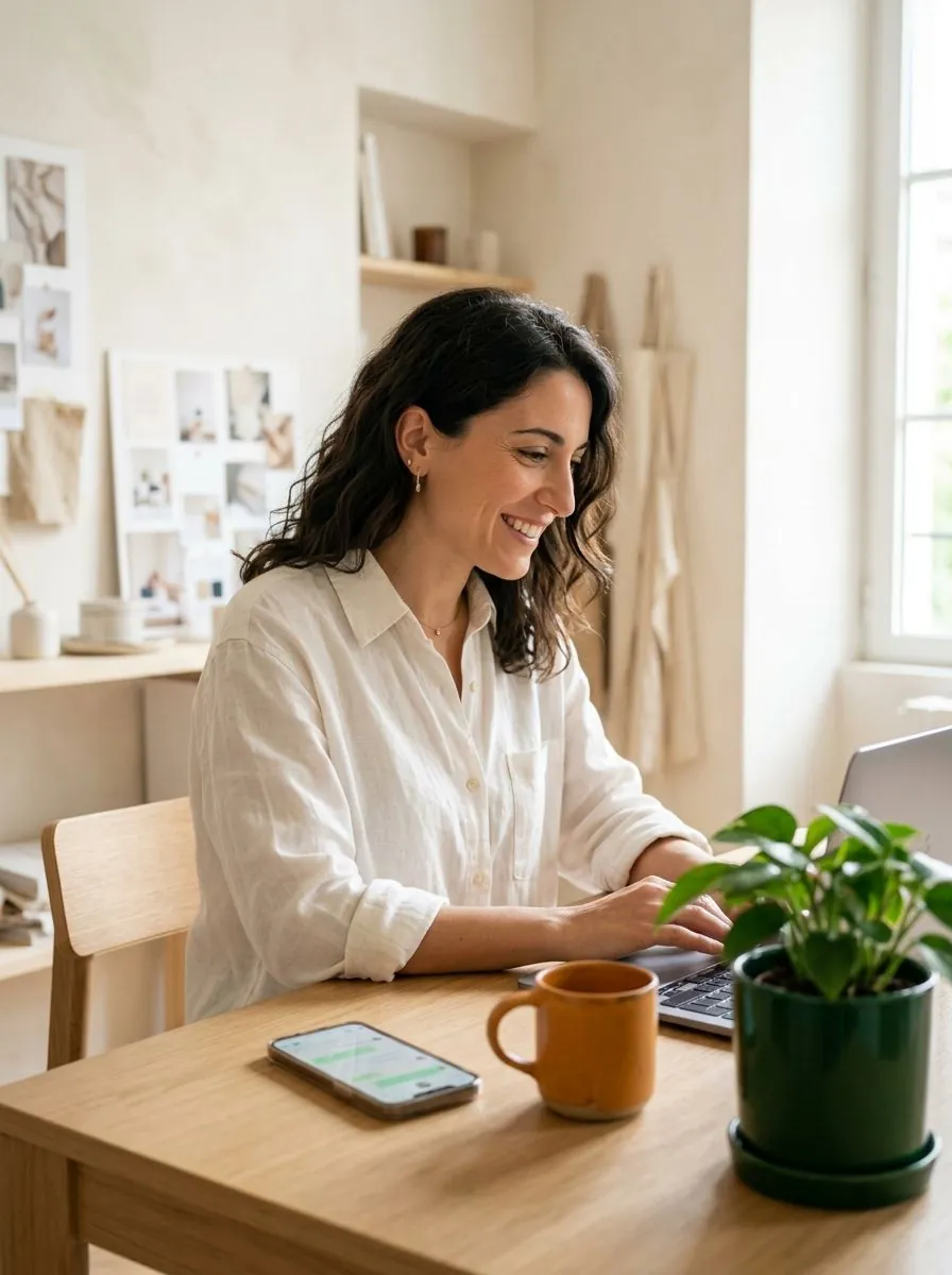 Imprenditrice sorridente al lavoro sul suo nuovo sito in uno studio luminoso