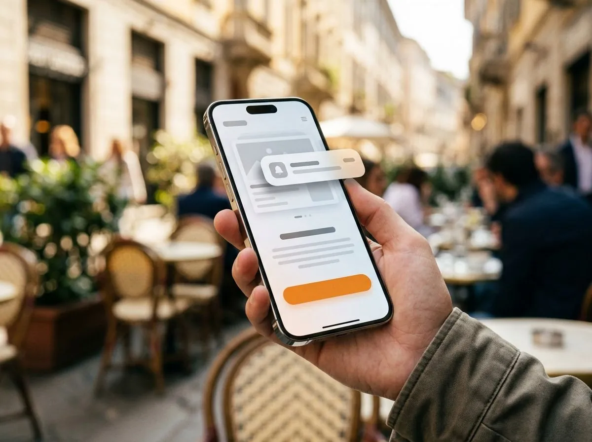 Smartphone con una landing page e un pulsante arancione, in un caffè all'aperto